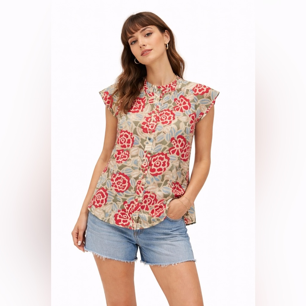 Bogner Floral Print Tunic Top Peplum Style Boho Cottage Cotton Silk Blend Size 6
